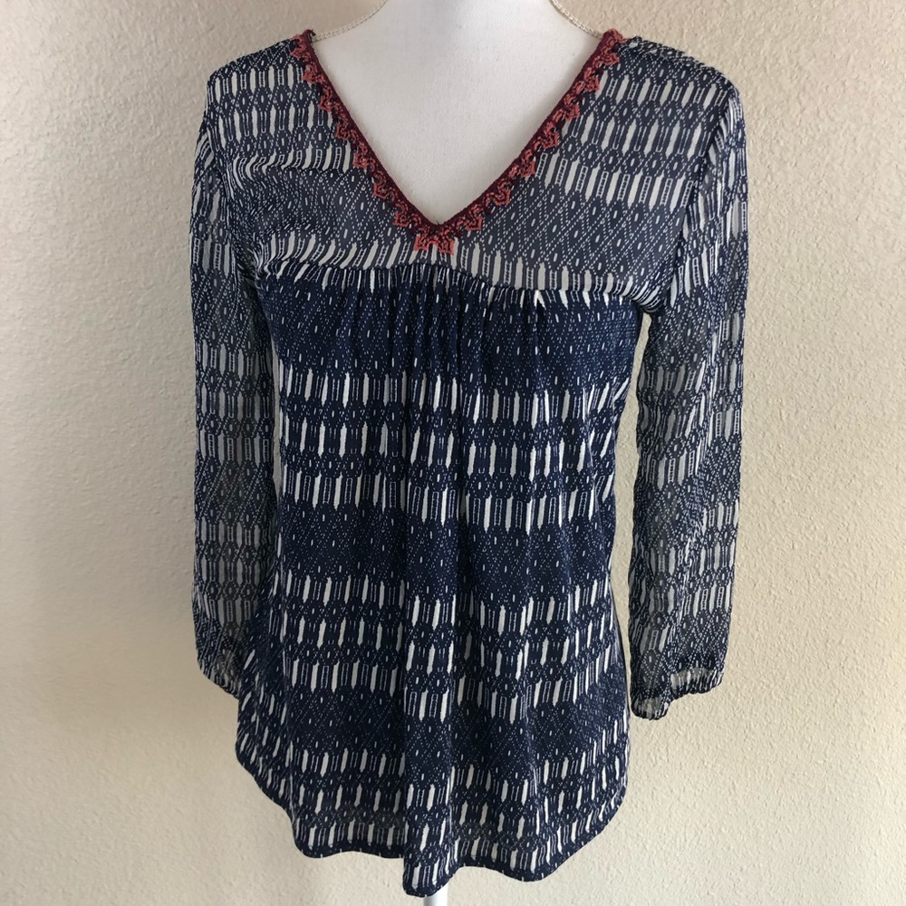 BOGO Lucky Brand Printed blue and cream sheer top